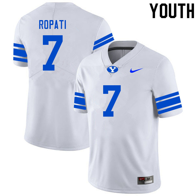 Youth #7 Hinckley Ropati BYU Cougars College Football Jerseys Sale-White - Click Image to Close